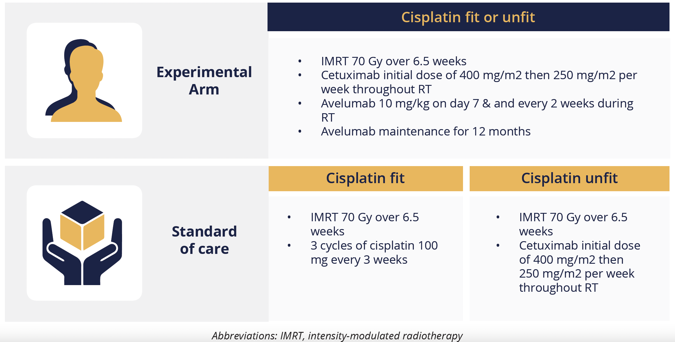 Treatment regimens received for avelumab and cetuximab plus radiotherapy versus standard of care in cisplatin fit and unfit patients with locally advanced SCCHN