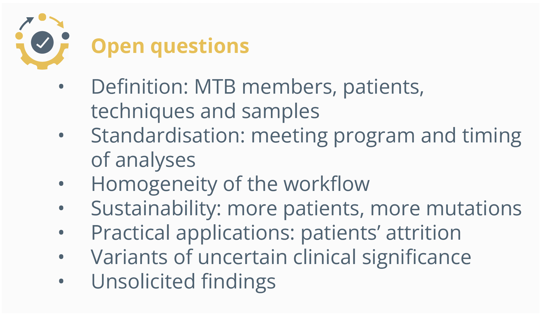 Open questions regarding MTBs such as their exact definition, standardisation
