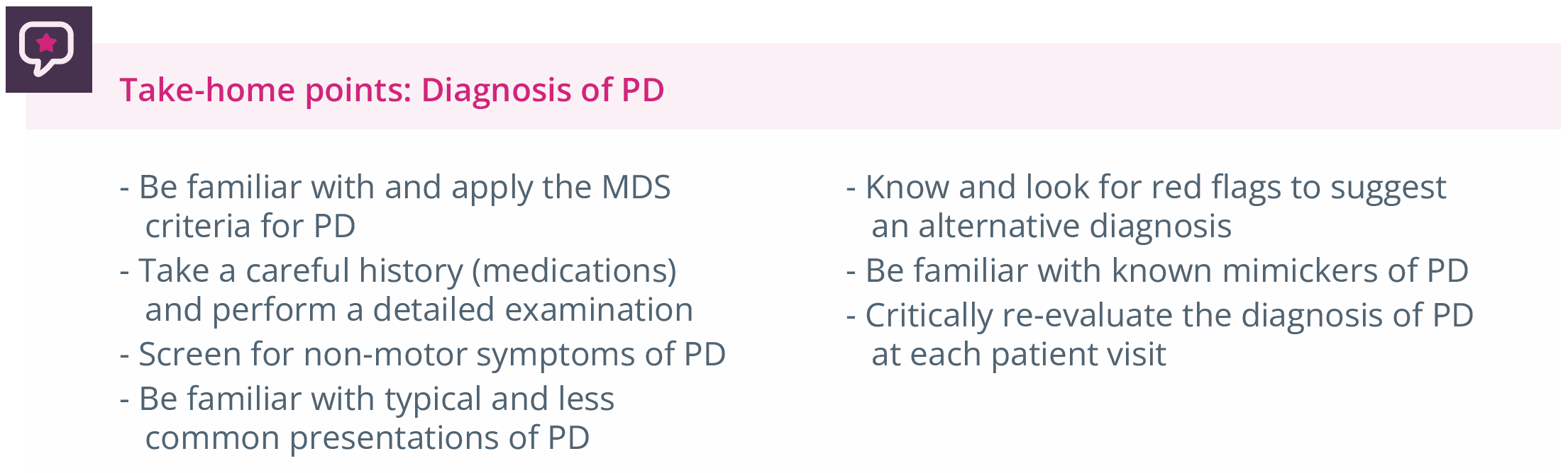 Summary of take-home points for PD diagnosis